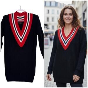 Almost Famous Black Red White Sweater Dress Distressed V-Neckline Size Medium